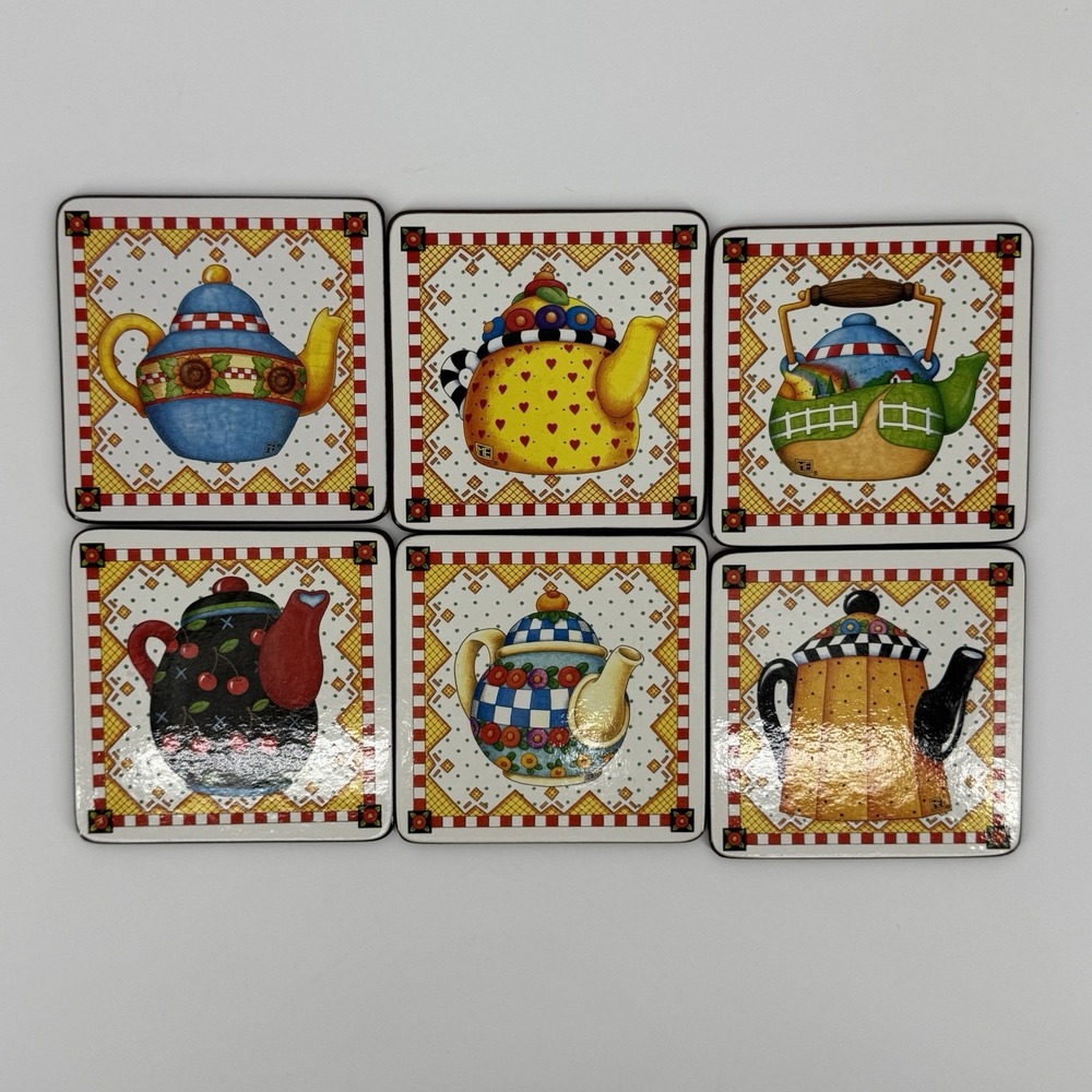 Mary Engelbreit Teapot Coasters Set of 6 Cork Backed Original Box Cottage Core